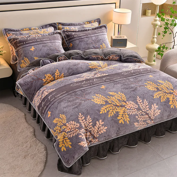 8-9斤高克重床品套件双面绒保暖床裙牛奶绒秋冬保暖印花四件套