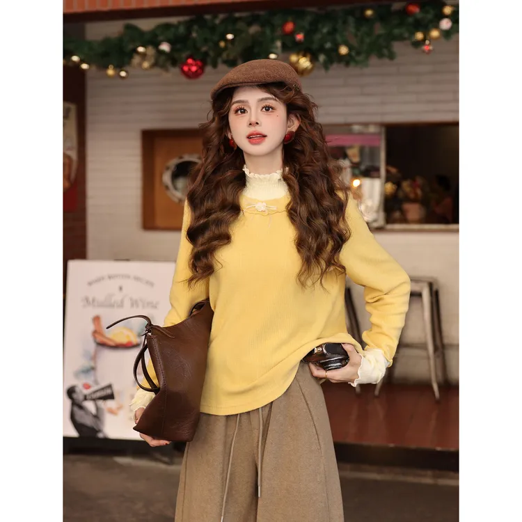 陈大器【秋场晒谷】复古港风针织拼接假两件长袖百搭上衣JB3328372