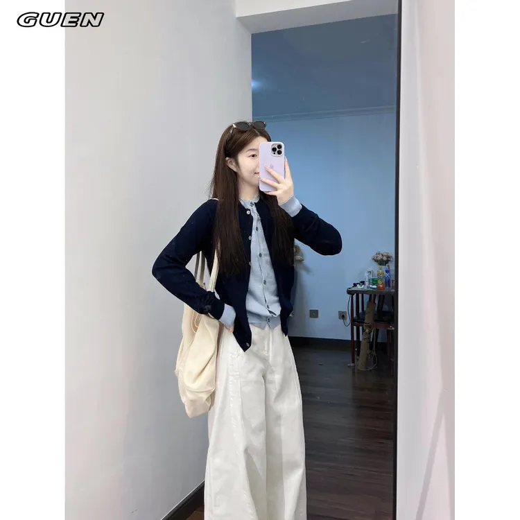 GUEN韩系撞色假两件针织开衫女早秋设计感外套秋冬时尚高级感上衣