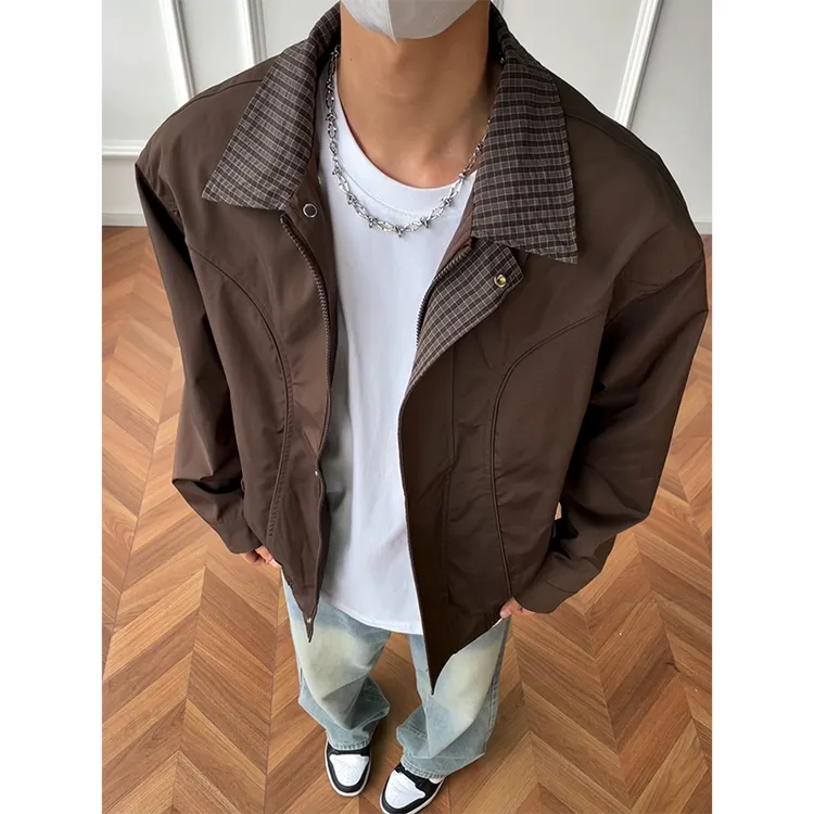 琥珀色老钱风外套男秋冬季格子拼接撞色翻领短款休闲咖色夹克上衣