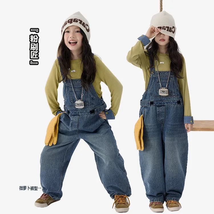 亲子装春秋款女童背带裤中大童时尚休闲阔腿裤儿童百搭牛仔长裤子