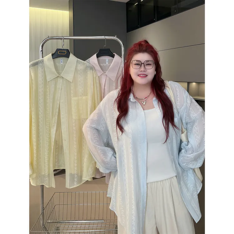 大码女装夏季气质百搭洋气花契200斤胖mm甜美韩系肌理感衬衫14768