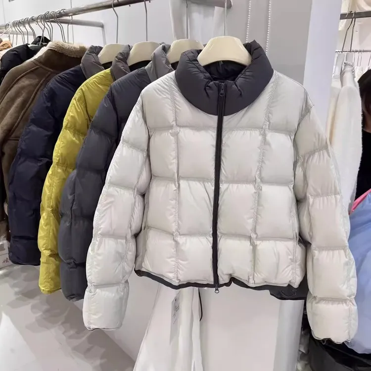撞色立领方块棉服短外套女冬2025新款保暖小个子面包服上衣棉袄