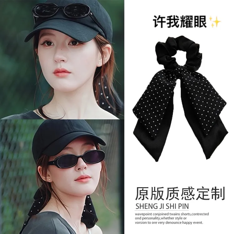 许我耀眼赵露思许妍同款黑色波点飘带发圈女2025新款大肠圈扎发绳