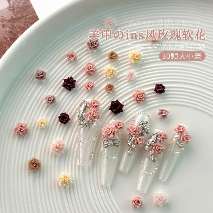 哥特玫瑰花美甲饰品彩色山茶花软雕花安可拉红色指甲立体花朵装饰
