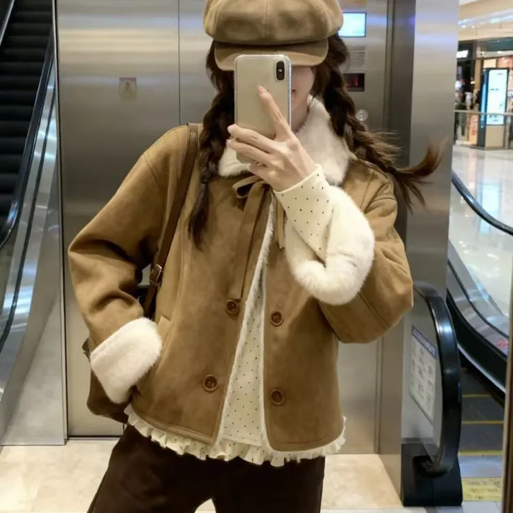 韩系甜美皮毛一体外套女冬季气质百搭棕色麂皮绒羊羔毛领保暖上衣
