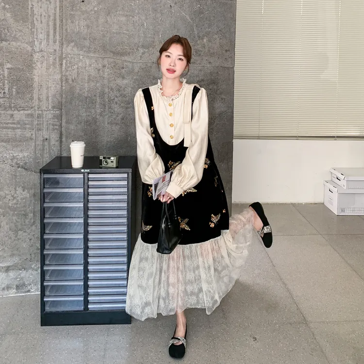 法式贵气感轻熟风连衣裙女2025早秋精致假两件蝴蝶拼接网纱长裙子