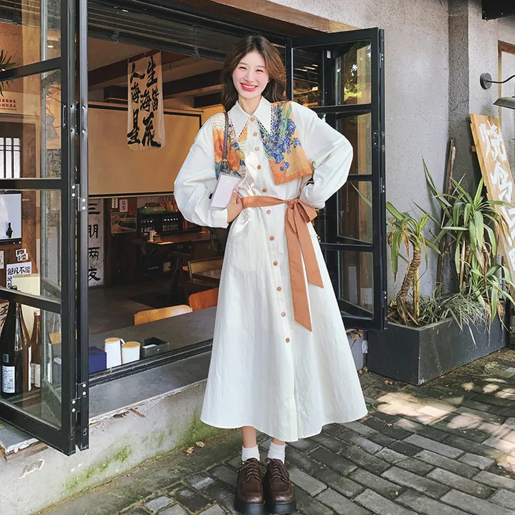 新中式国风印花拼接衬衫连衣裙女春2025新款独特漂亮法式收腰长裙