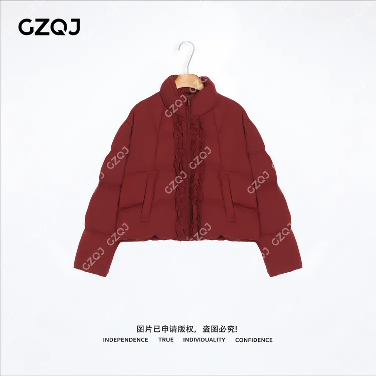 老琴私服【暗夜棱格】90白鸭绒洋气立领木耳花边羽绒服外套女冬0898