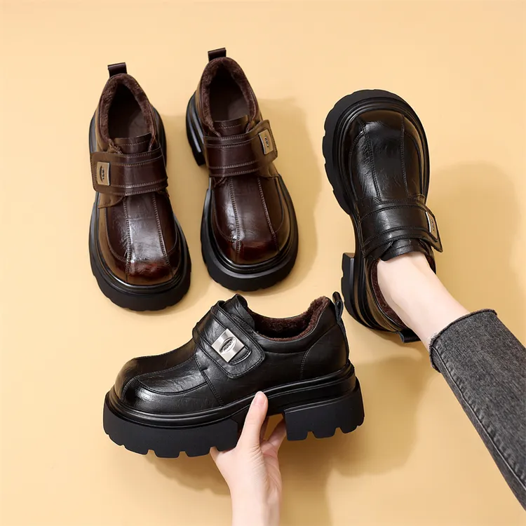 厚底欧货高级感乐福鞋女2025年秋冬新款魔术贴加绒显瘦舒适小皮鞋