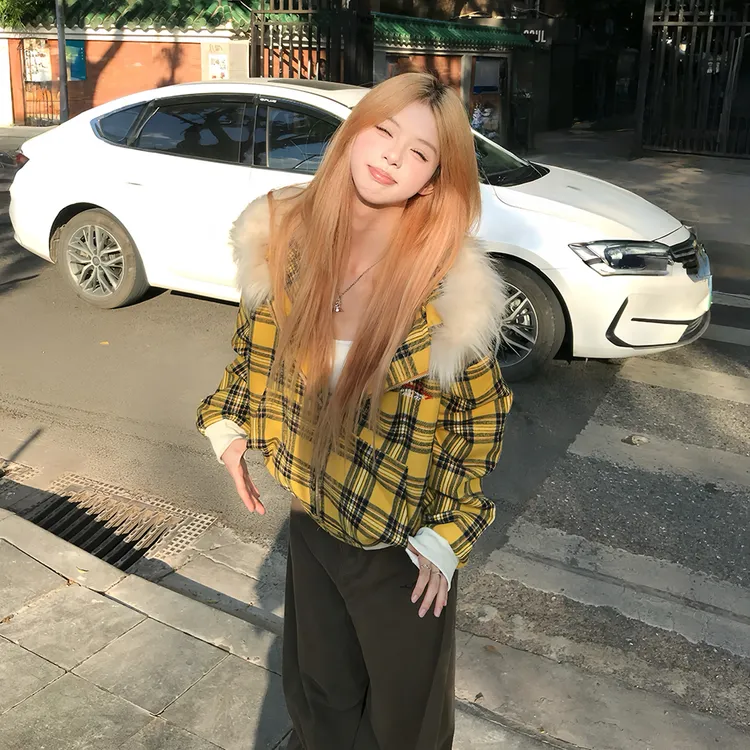 Holocene美式格子毛领连帽外套女宽松潮牌慵懒短款卫衣开衫外套