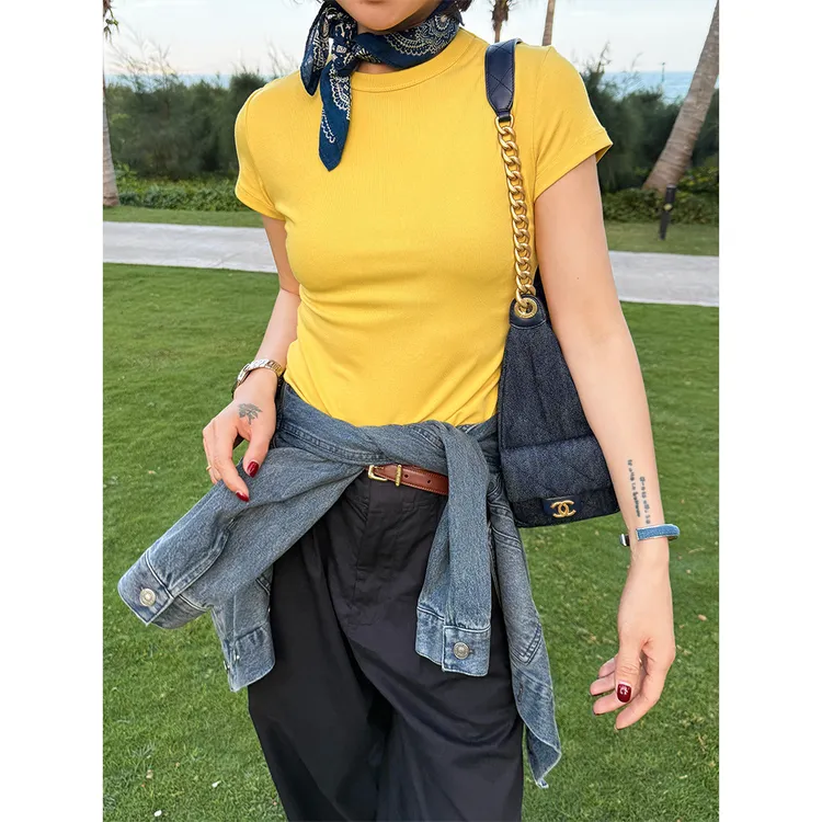 SHIIEELL夏季正肩圆领弹力短袖T袖女夏季新款棉质修身纯色tP1618