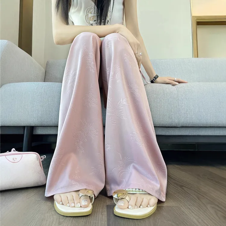 新中式国风提花缎面阔腿裤女2025秋季新款高腰印花垂感显瘦冰丝裤