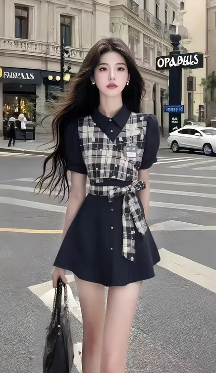夏季氛围感穿搭藏青色衬衫领短袖收腰拼接设计感连衣裙女时尚短裙