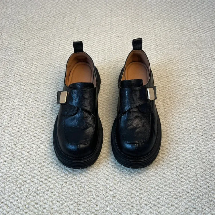 羊皮版！真皮厚底乐福鞋女英伦风一脚蹬单鞋魔术贴粗跟棕色小皮鞋