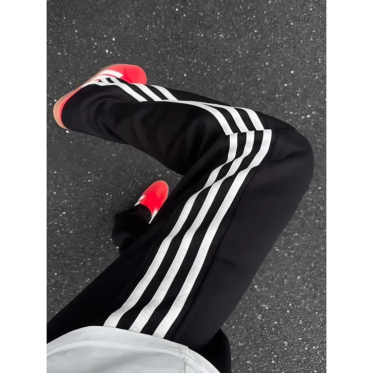 cleanfit黑色三条杠裤子男款秋季美式高街条纹运动卫裤直筒休闲裤