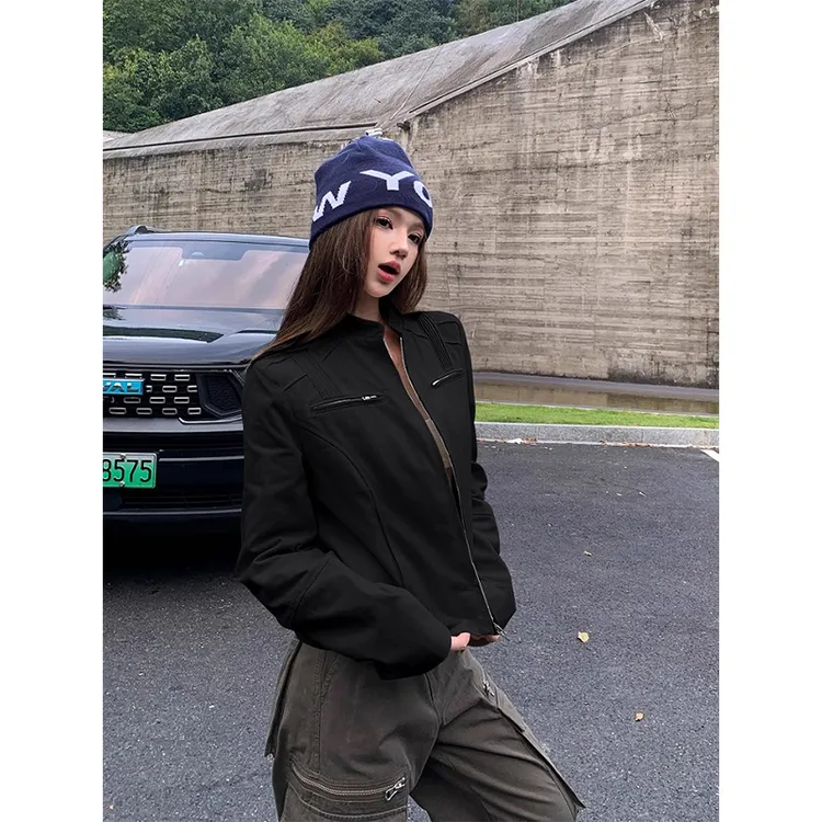 设计感小众立领机车外套女秋季美式高街复古百搭宽松长袖夹克上衣