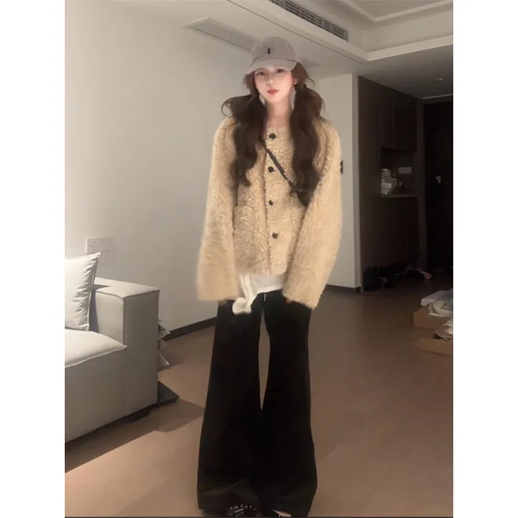 MARIE.COCO慵懒风羊羔毛长袖短外套女秋冬新款阔腿休闲裤两件套装