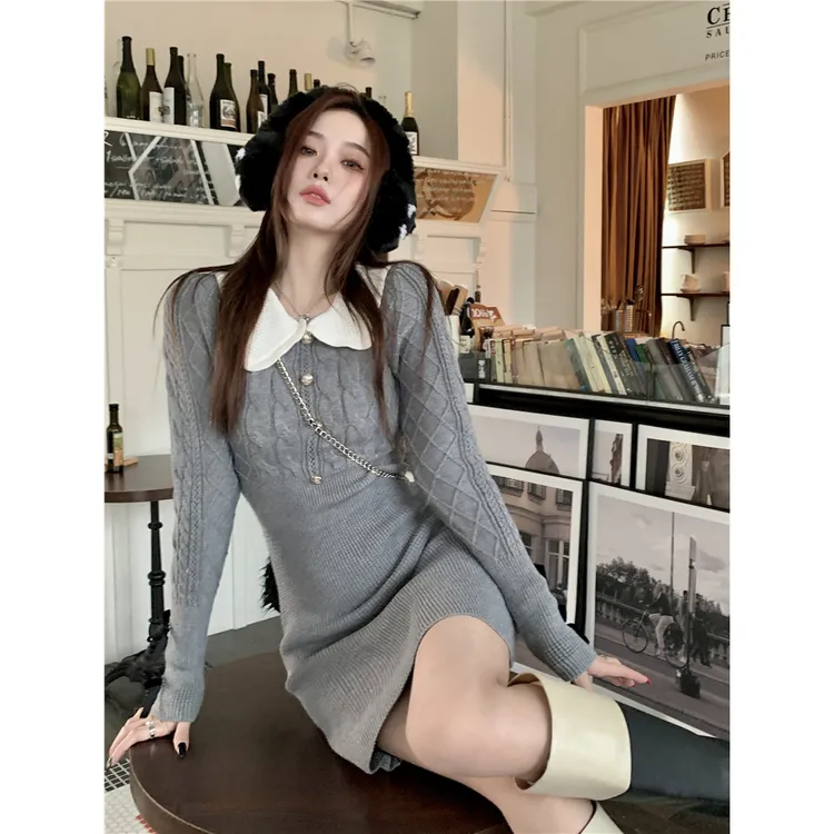 法式甜辣撞色气质毛衣连衣裙女秋冬季新款收腰辣妹针织包臀裙短裙