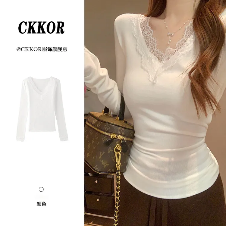 CKKOR女款爆款法式蕾丝打底衫女内搭春秋新款高档洋气可外穿上衣 