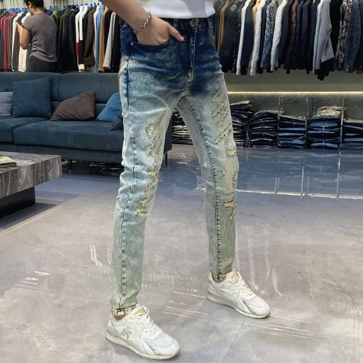 【也许家】新品男士破洞蓝色修身弹力小脚牛仔裤青年时尚长裤CC7137
