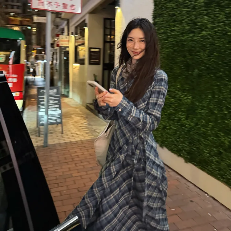 ROMI STUDIO“复古色彩”100%棉立裁色织格纹长袖连衣裙RMCSLA4665