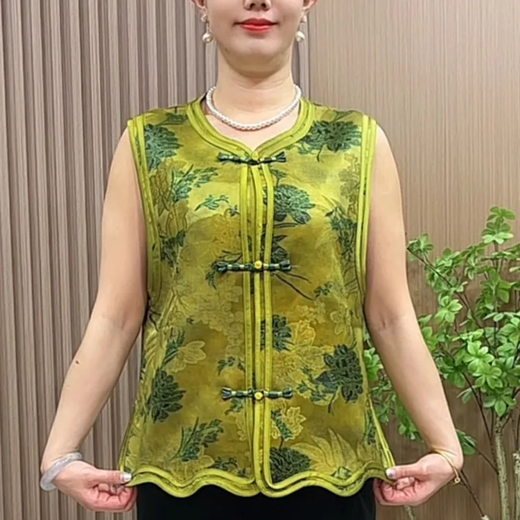 缎面提花新中式圆领盘扣马甲印花马夹民族风马甲花色妈妈国风马甲