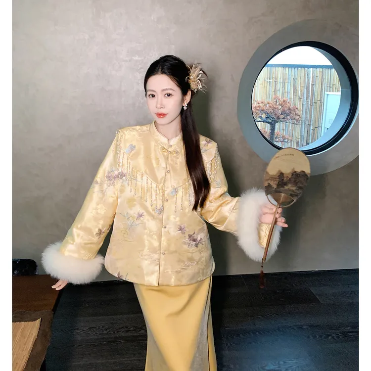 果果家 新中式冬季长袖国风羽绒服2025立领刺绣气质设计师外套