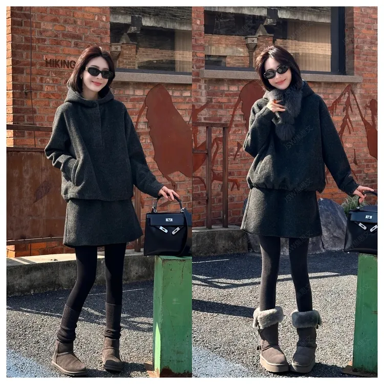 【高品质现货】焦思文 冬季时尚洋气保暖连帽卫衣+短裙两件套装