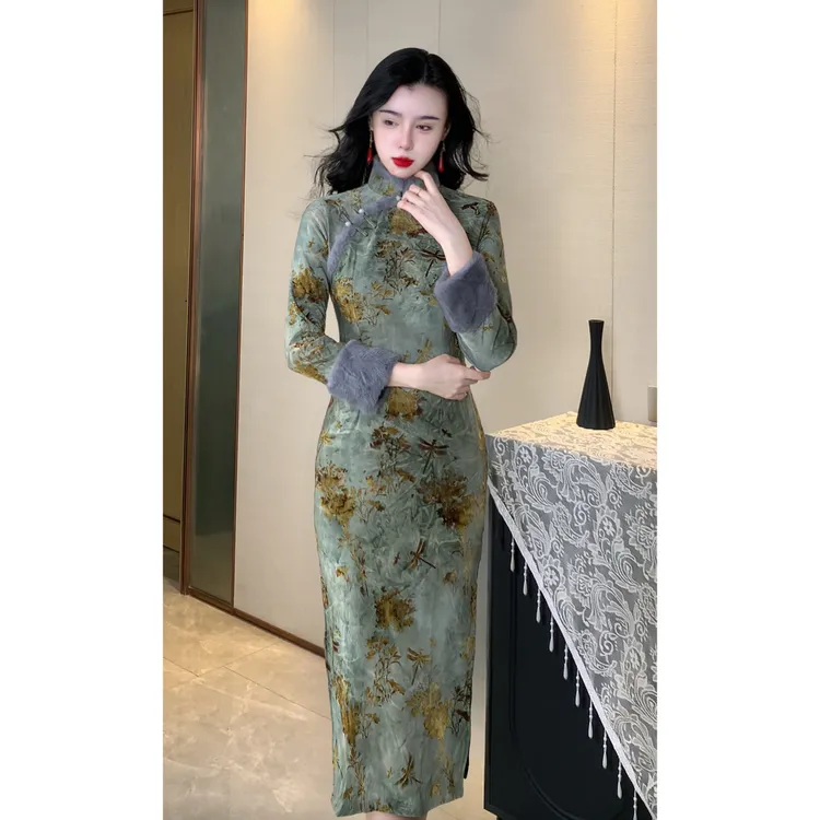 【莫奈】玉簪记秋冬新款长袖旗袍日常修身显瘦气质加厚国风旗袍123