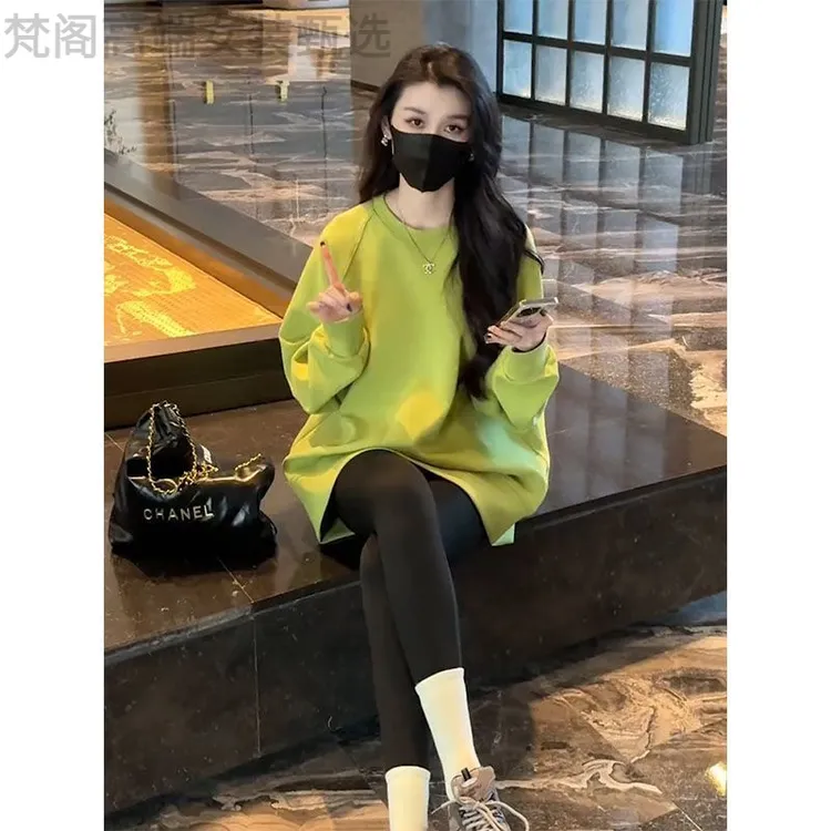 韩版圆领长袖中长款卫衣女春季新款时尚洋气百搭宽松显瘦上衣外套