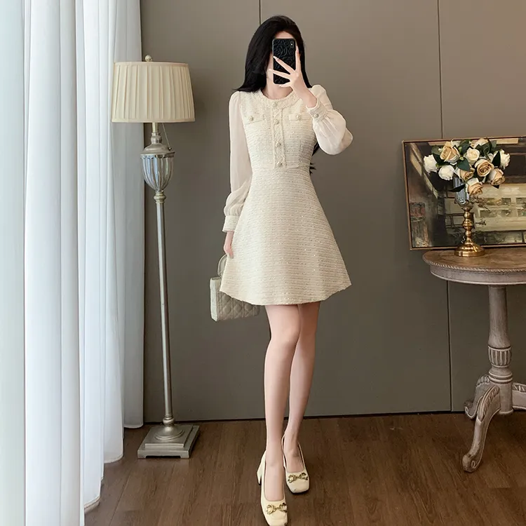 秋季名媛时尚亮片法式收腰A字裙女洋气法式富家千金小香风连衣裙