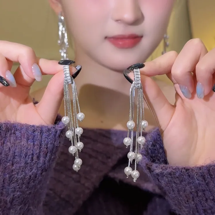 铜合金耳饰 超仙锆石流苏耳环～高级轻奢百搭耳钉长款流苏耳饰