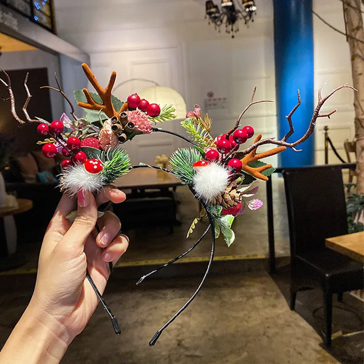 新款欧美圣诞节儿童鹿角发箍可爱平安夜头箍布艺圣诞老人发饰