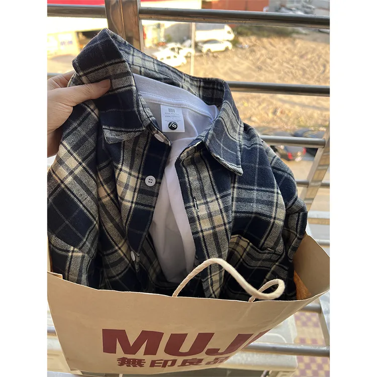 藏青色格子拼接衬衫男长袖秋季宽松美式复古学院风大码衬衣服外套
