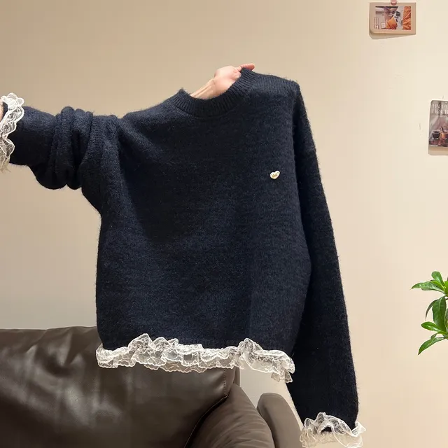 韩系设计感圆领长袖针织衫女2025秋冬新款慵懒风蕾丝拼接毛衣上衣