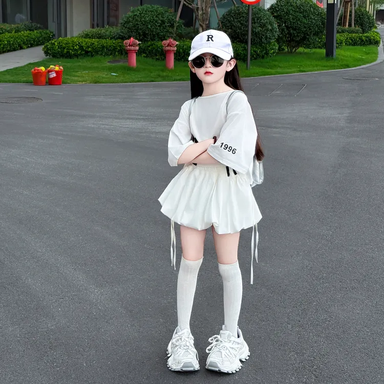 女童2025新款夏季薄款洋气韩版穿搭休闲T恤公主风泡泡裙套装甜酷