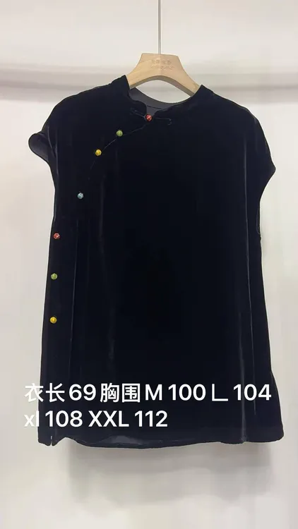 GZ5130真丝桑蚕丝丝绒彩扣新中式上衣女士黑色宽松