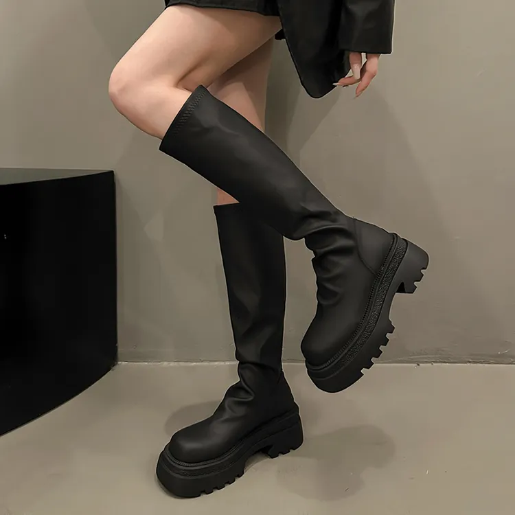 2025新款长靴女厚底高筒显瘦春夏中筒靴堆堆靴小个子瘦瘦靴子黑色