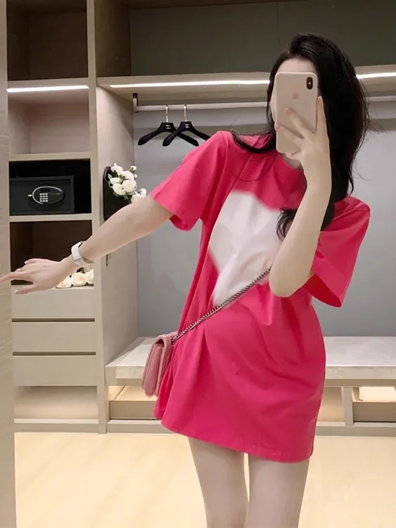 2025超火减龄气质小众不撞款宽松上衣玫红色爱心短袖t恤女装夏季