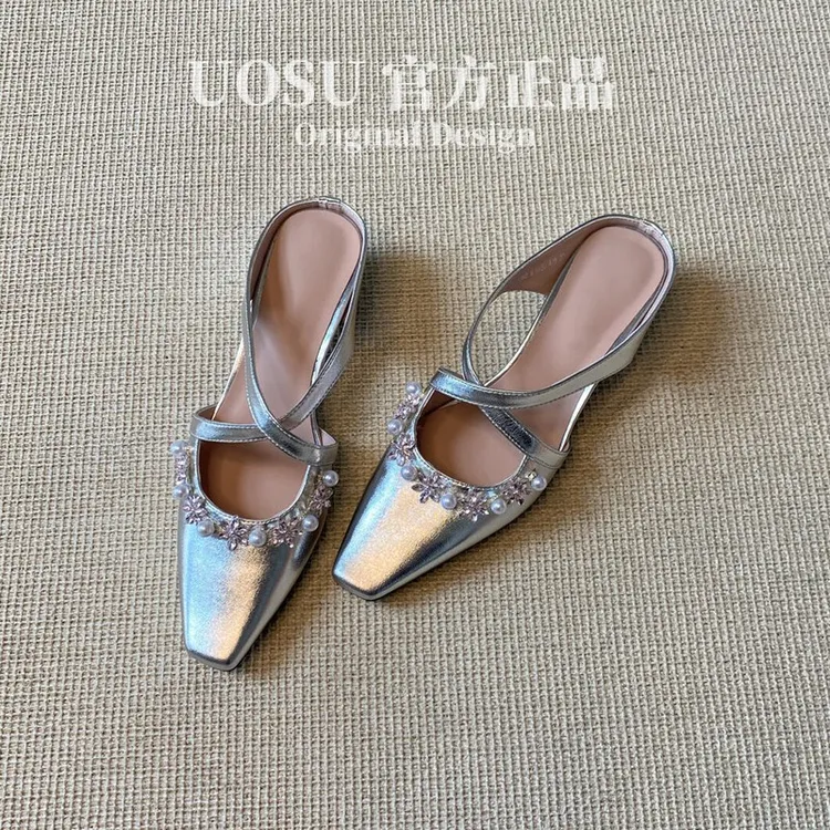 UOSU正品法式珍珠交叉带包头半拖鞋配裙子内增高气质穆勒凉拖鞋女