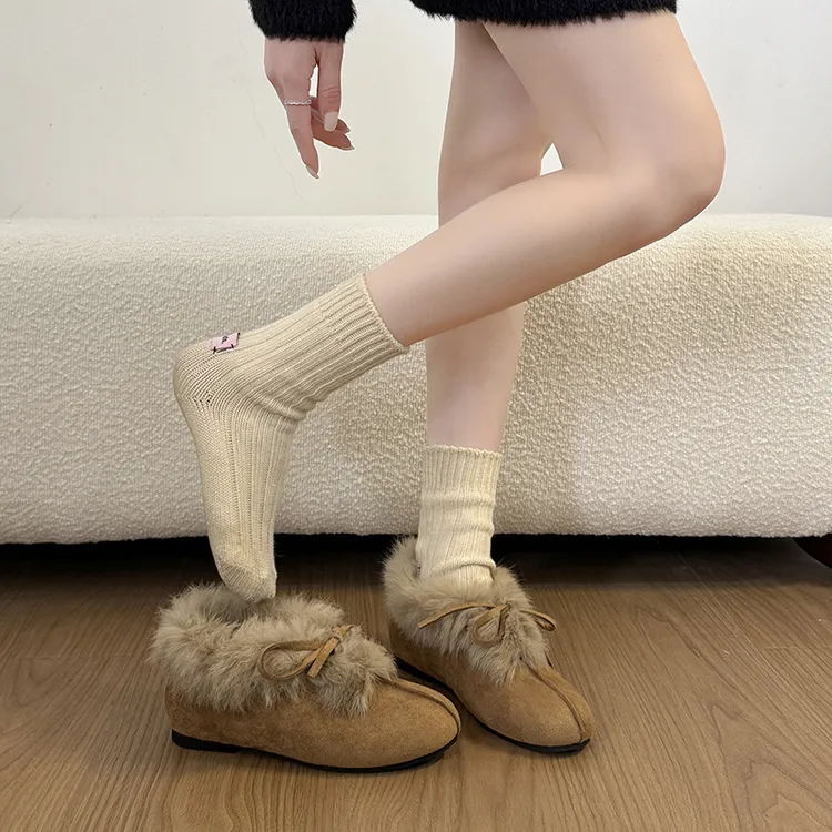 2025新款复古内4cm加绒单鞋女冬季圆头蝴蝶结勃肯毛毛鞋保暖棉鞋