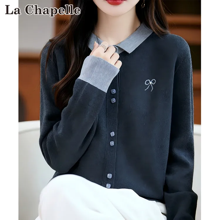 拉夏贝尔蝴蝶结刺绣POLO领撞色针织毛衣女秋冬减龄洋气高级感开衫