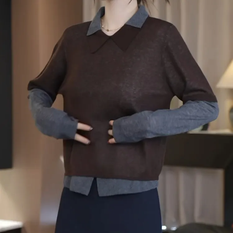 【预科生】2025新洋气百搭百搭智性撞色假两件针织衫LK2506761