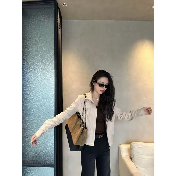 48h【幂式大姐姐】加长复古麂皮绒短款机车休闲上衣夹克外套 25163