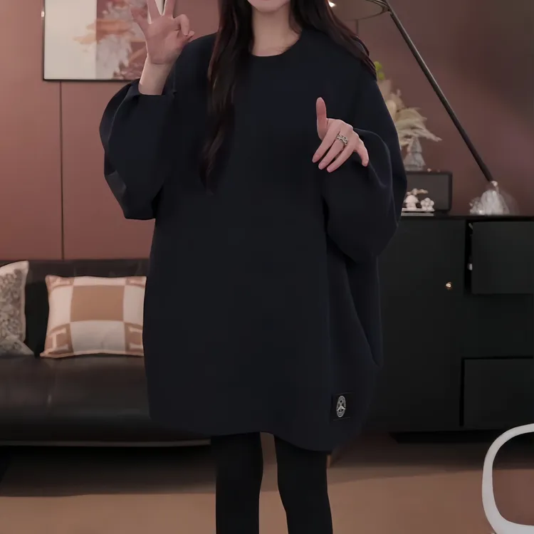 纯色圆领卫衣女潮流洋气百搭宽松显瘦秋季新款韩版外穿中长款上衣