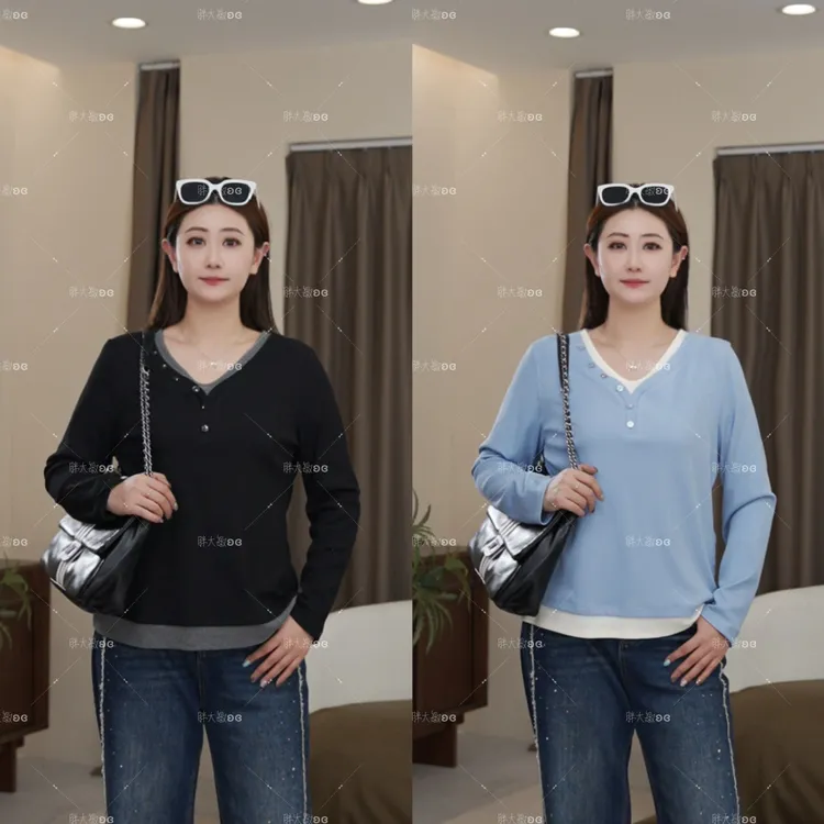 【秋款上新】PDM22516秋季新款法式显瘦V领拼接打底衫大码女装上衣