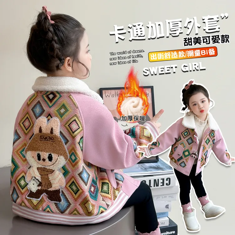 女童夹棉加厚外套秋冬季2025新款洋气女宝加绒加厚拼皮外套