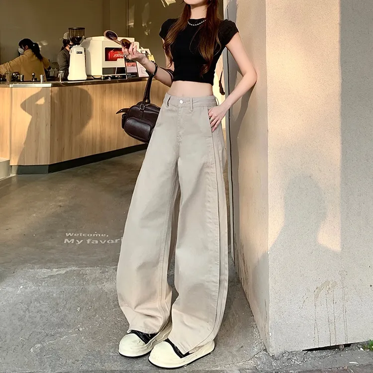 拼接弯刀莫兰迪灰牛仔裤女春季时尚高腰宽松显瘦设计感垂感拖地裤