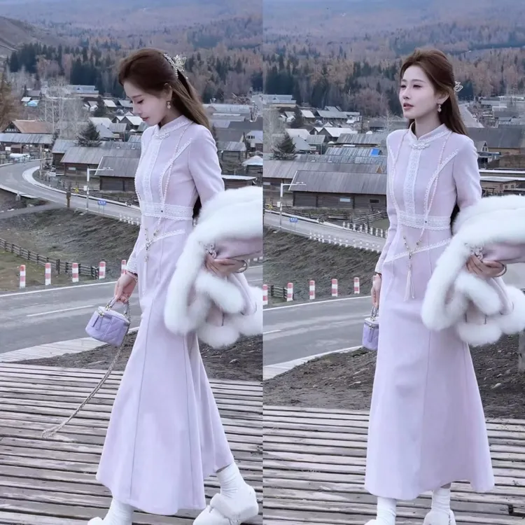 【婷婷】《暮山紫•真江南》显腰身！分割式加绒鱼尾旗袍TT2SQTH2559